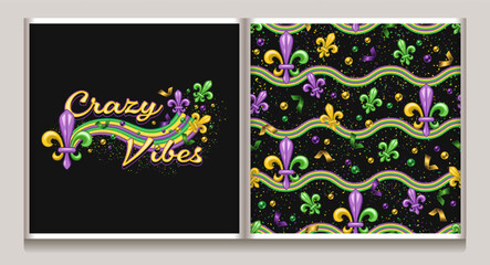 Mardi Gras seamless pattern, logo with horizontal wavy stripes, scattered Fleur de Lis sign, confetti, beads, glitter. Vintage illustration for prints, wrapping paper, holiday goods decoration