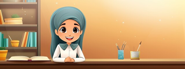 Smiling Muslim Arabic girl sitting at school desk in modern classroom. Back to school. Student with hijab. Islamic banner 
