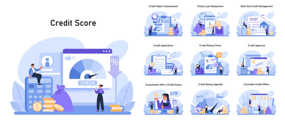 Credit Score Concept. Comprehensive financial health analysis through credit report assessment, timely loan repayment, and effective debt management strategies. Flat vector illustration