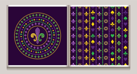 Mardi Gras set of patterns with Fleur de lis sign, cards suit symbols, bead strings. Vintage illustration for prints, holiday goods decoration © OA_Creation