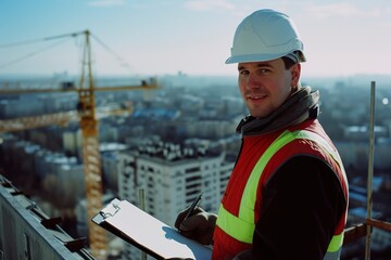 A civil engineer standing on a construction site, The engineer is wearing a safety vest. The construction site is busy with workers, machines, and materials. 