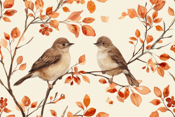 Brown birds on autumn branches, close up texture of hand painted interior wall paper