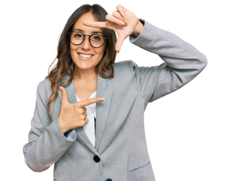 Young brunette woman wearing business clothes smiling making frame with hands and fingers with happy face. creativity and photography concept. - Powered by Adobe