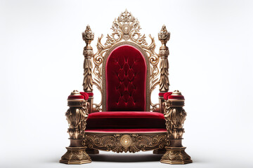 The royal throne trimmed with red velvet stands on a white background