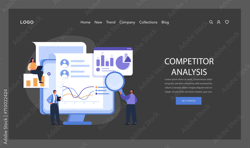 Poster competitor analysis web or landing. team meticulously evaluates market trends and rival strategies, 