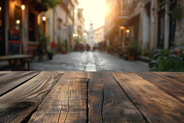 Empty Wooden Tabletop with Blurry City Market Background, Urban Marketplace Views