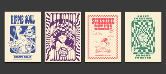 groovy hippie 70s posters with retro cartoons, vector illustration