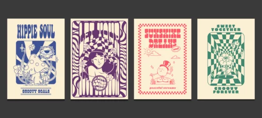 Selbstklebende Fototapeten groovy hippie 70s posters with retro cartoons, vector illustration © Gumey