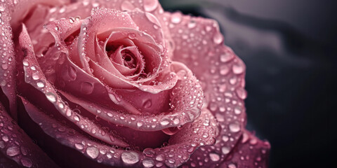 User
close up of a purple rose with water drops , valentine's day banner, copy space 