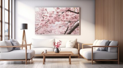 the beauty of full bloom cherry blossoms in Japan during springtime, in a minimalist modern style, to convey the tranquility and elegance of the iconic cherry blossoms.
