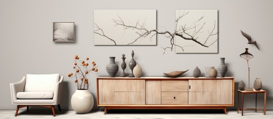 Home decor template featuring a living room with wooden sideboard, artwork, vase with branch, box, slippers, stucco wall, sculpture, books, gray carpet, and personal accessories.