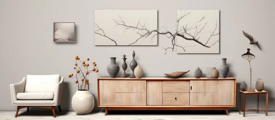 Fotobehang Home decor template featuring a living room with wooden sideboard, artwork, vase with branch, box, slippers, stucco wall, sculpture, books, gray carpet, and personal accessories. © AkuAku