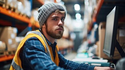 A male warehouse worker checking orders at computer workstation in warehouse. Generative AI.