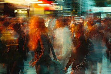 artistic crowd of people on the street using a low shutter speed. Movement of People, Rush hour pedestrian traffic, Blur crowd walk in city street
