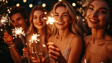 Obraz na płótnie Canvas Group of happy people holding sparklers with Champagne at Christmas or New year party and smiling. Generative AI.