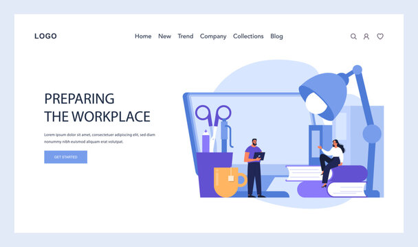 Preparing The Workplace concept. Employees gear up with essential office tools near a gigantic computer and lamp. Setting up a productive and organized workstation. Flat vector illustration.