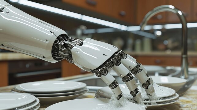 Robot hands washing the dishes. Generative AI.