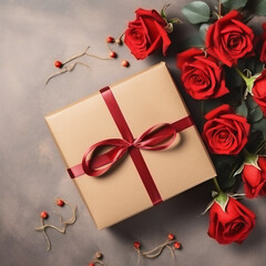Kraft Gift box with beautiful red ribbon and rose, concept of Valentine's, anniversary, mother's day and birthday greeting, copyspace, topview. Generative AI
