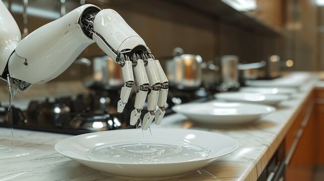 Robot hands washing the dishes. Generative AI.