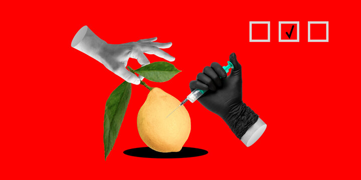 Product quality samples or genetic modification concept. Hand in black glove with syringe takes samples from lemon or pours GMOs into lemon. Minimalist art collage