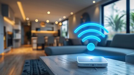 A wifi extender, Blue wifi symbol, Connected smart home. Generative AI.