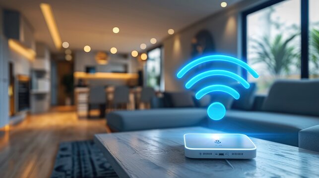 A wifi extender, Blue wifi symbol, Connected smart home. Generative AI.
