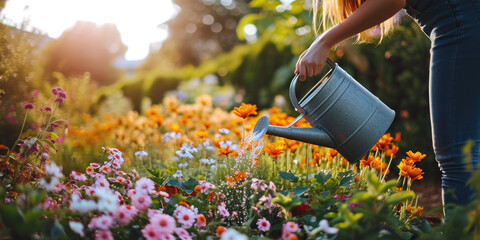 person watering flowers in the garden 