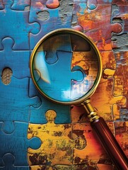 Fototapeta na wymiar A conceptual photograph featuring a magnifier glass hovering over a jigsaw puzzle,