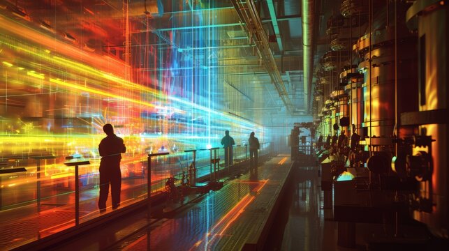 Science laboratory research and development concept as a science research team carrying out scientific research in a lab with glowing lights. A conceptual image of scientists