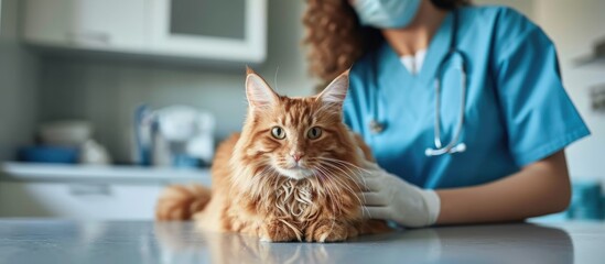 Cat owner holds red Maine Coon at vet clinic as female vet examines animal on table. Doctor and owner converse. - obrazy, fototapety, plakaty