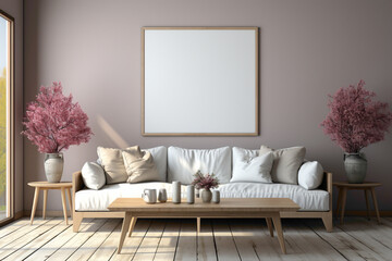 Experience the tranquility of a living room featuring a soft color white sofa and a chic table, set against an empty frame inviting your personalized text.