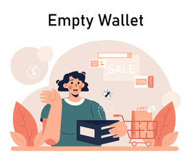 Impulsive buying. Shopaholic money problems. Consumer doing useless purchases without thoughtful consideration or planning. Spontaneous buying. Flat vector illustration