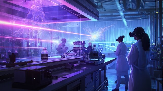 Science laboratory research and development concept as a science research team carrying out scientific research in a lab with glowing lights. A conceptual image of scientists