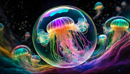 Sublimes méduses colorées emprisonnées dans une bulle translucide
