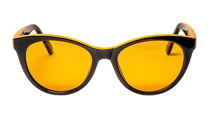 yellow fashion womens sunglasses with black frames and lenses isolated on a transparent background, cat eye frames, womens hipster accessories, front view
