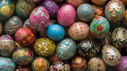 Fototapeta na wymiar Stacked Colorful Painted Eggs, A Vibrant Pile of Delightful Spring Decorations