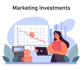 Marketing Investments concept. A marketer evaluates financial graphs indicating ROI growth, highlighting strategic fund allocation. Navigating market trends for profitability. Flat vector illustration