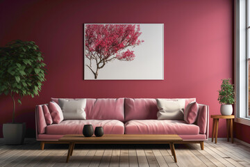 A living room adorned with a soft color red sofa and a complementary table, set against an empty blank frame for copy text.
