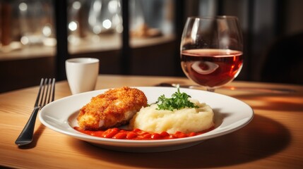 a Chicken Kiev cutlet with mashed potatoes in a plate next to a glass of tomato juice on a wooden white table in a restaurant, contemporary aesthetics.