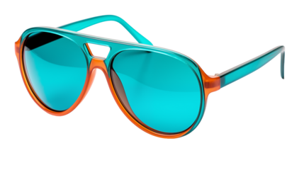 turquoise aviator sunglasses with orange accents, fashion sunglasses with patterned frames isolated on a transparent background, side angle