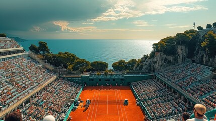 A tennis match on a in a stadium. Generative AI. - obrazy, fototapety, plakaty
