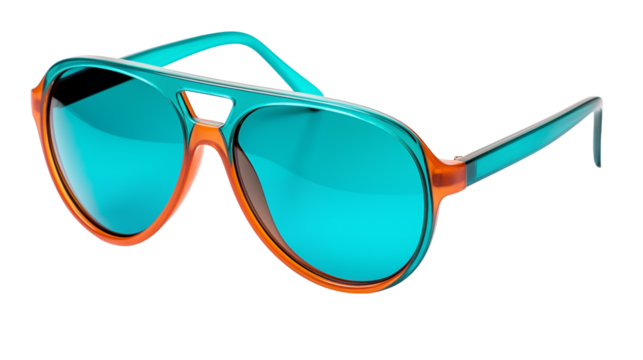 turquoise aviator sunglasses with orange accents, fashion sunglasses with patterned frames isolated on a transparent background, side angle