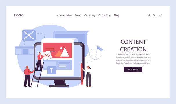 Content Creation concept. Team collaboratively designing engaging digital content, showcasing web design and text editing. Visualizing the content development process. Flat vector illustration