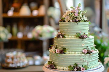wedding cake in mint colour with spring flowers, spring wedding ceremony 