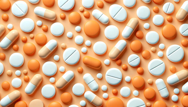 Prescription opioids, orange and white pills on a orange background, pharmaceutical pills, vitamins	