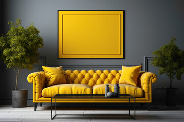 Envision a warm setting boasting a yellow sofa and a suitable table, framed by an empty blank frame, creating a space for your text to shine.