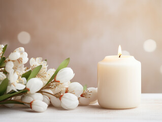 white candle with spring blossom flower on a beige table 