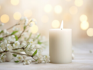 white candle with spring blossom flower on a beige table 