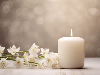 Fototapeta na wymiar white candle with spring blossom flower on a beige table 