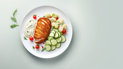 a Chicken Kiev cutlet with mashed potatoes, tomatoes, and cucumbers in a plate on a wooden light background, contemporary aesthetics to highlight the culinary beauty of the dish. - obrazy, fototapety, plakaty